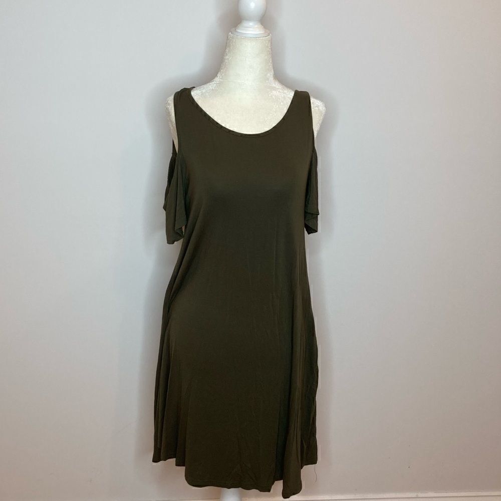 Cold Shoulder, Green Casual Tee-Shirt Dress, Pockets Women’s Small Oversized Fit